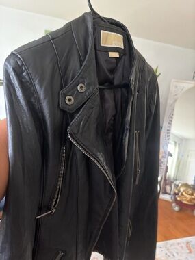 Michael Kors Black Leather Jacket with Beige Label